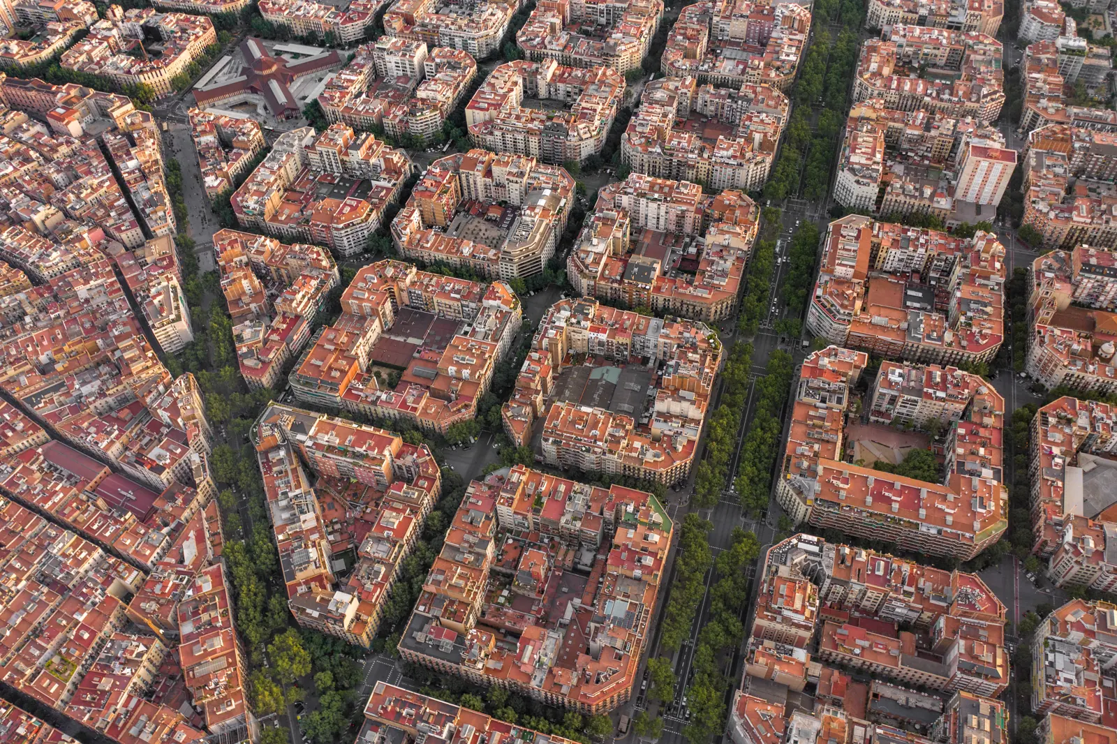 Vista aérea de las manzanas del Eixample de Barcelona, con azoteas rojizas y calles arboladas, al atardecer.